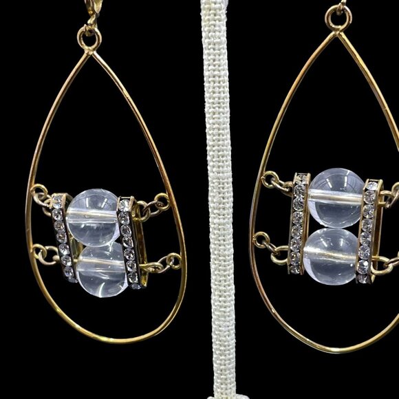 Vintage Clip On Earrings Clear Crystal Beads Gold Tone Statement Coquette Glam - Picture 2 of 8